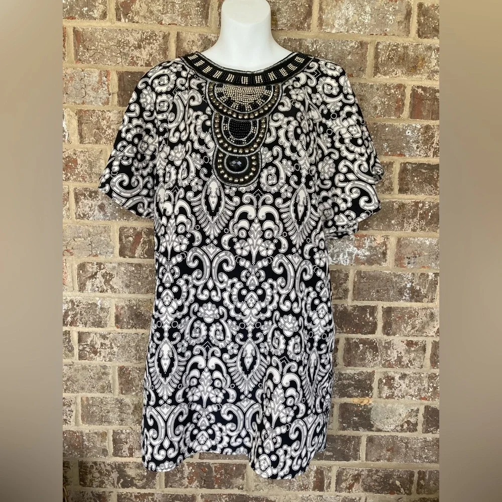 Dina Be Black & White Paisley Beaded Flutter Sleeves Sz M Dress
